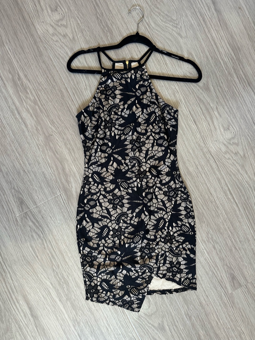 Papaya Black Lace Overlay Dress with Nude Lining